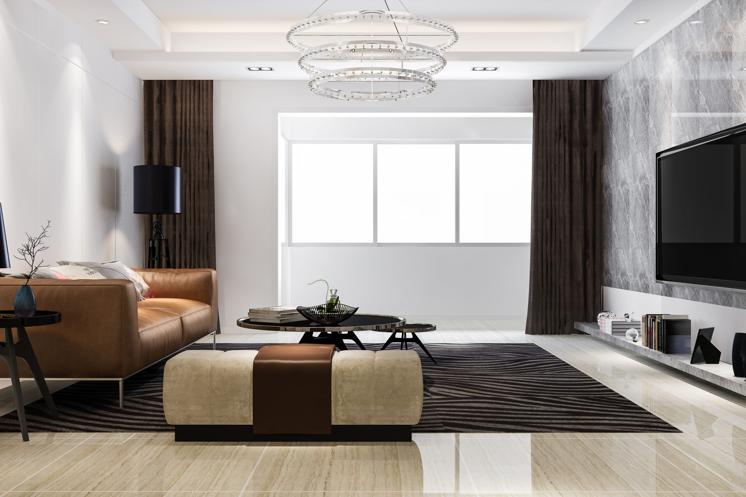 3d rendering loft luxury living room with design chandelier