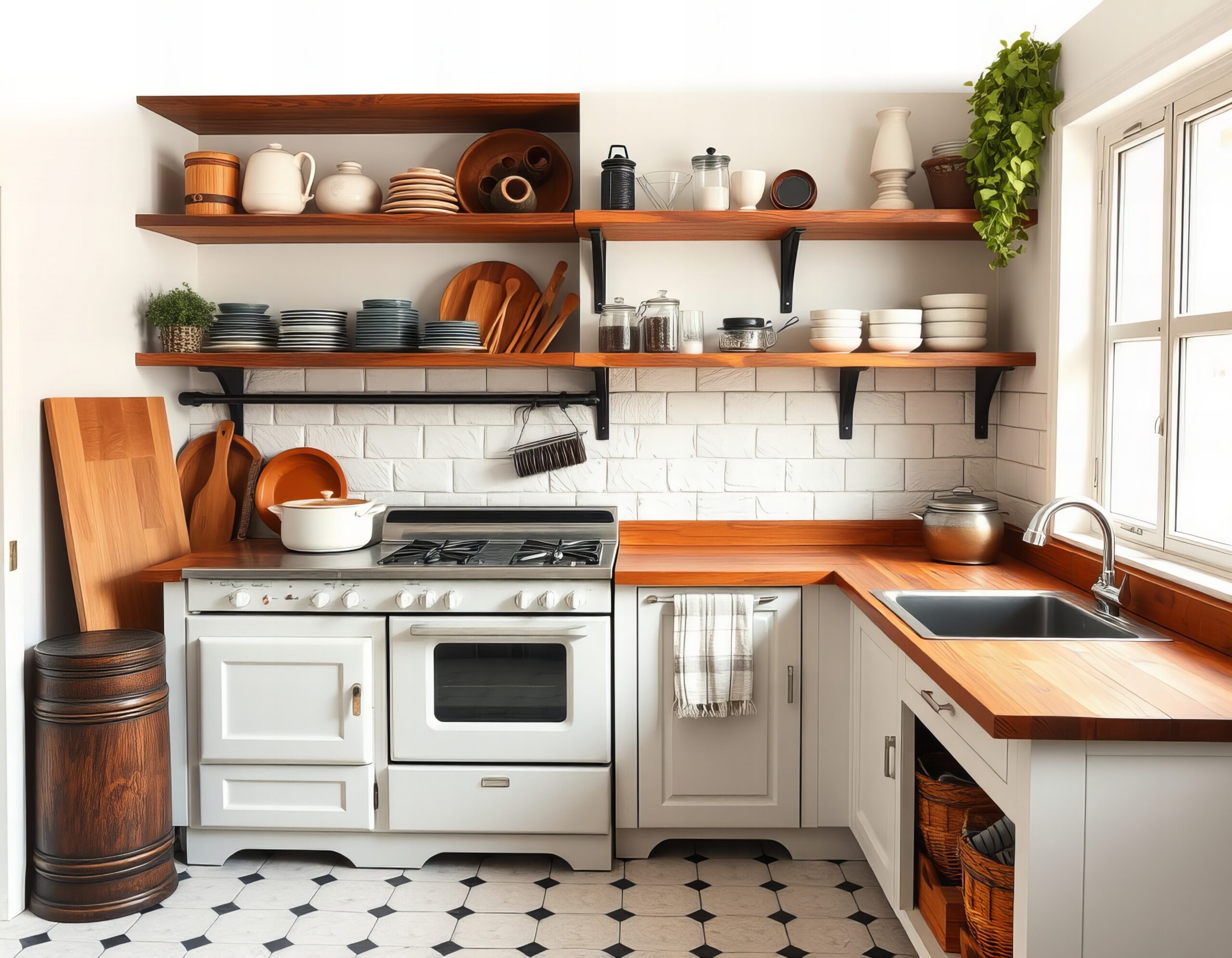 cozy-kitchen-with-open-shelving-vintage-stove-wooden-countertops